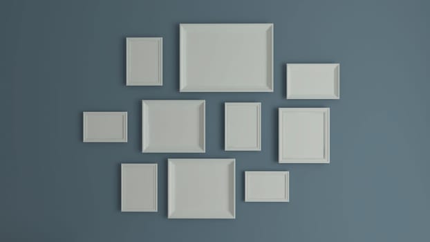 horizontal and vertical collage photo or picture art on vintage blue wall with border frame realistic 3D rendering