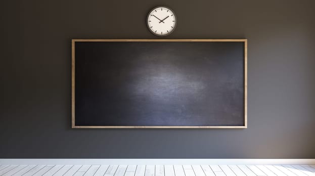 Blackboard in the classic school classrooms with white parquet floor and clock on the wall 3D rendering