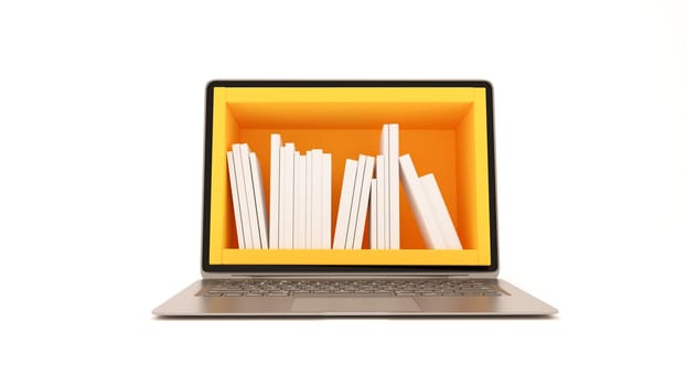 Bookshelf on computer screen concept with clean white background 3d rendering