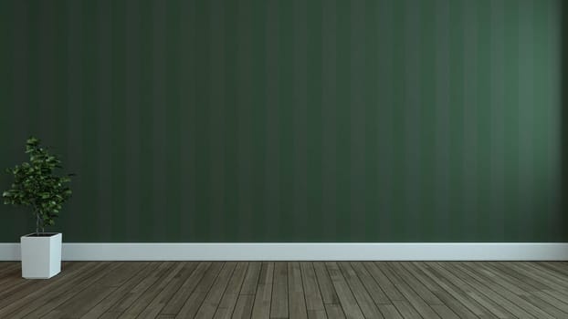 Empty room with Lined green wallpaper wall, wooden floor and plant concept 3d rendering