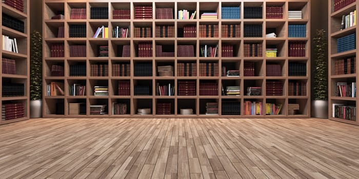 Modern big library design, wooden bookshelf with wooden parquet realistic 3D rendering