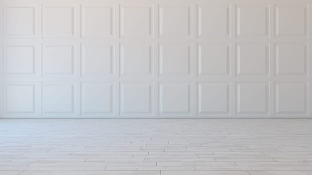 White square decorative wall panels with wooden parquet empty room concept 3d illustration