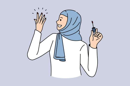 Modern Islam arabic women concept. Smiling positive arabic woman wearing traditional clothes and headwear painting her nails with polish vector illustration