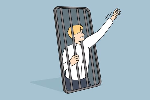 Phone and technologies addiction concept. Young stressed businessman trying to get freedom from smartphone cell feeling slave vector illustration