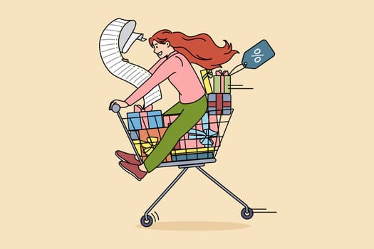 Shopping discounts and sales concept. Happy young excited woman riding on trolley with shopping bags and checks feeling positive vector illustration
