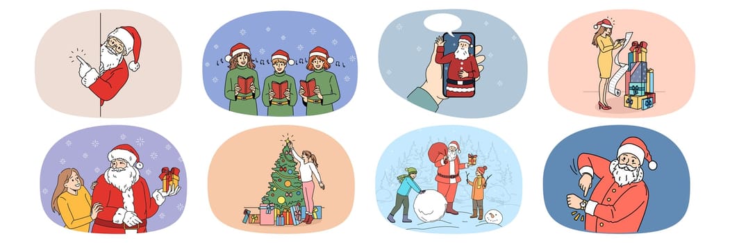 Set of people have fun celebrate New Year decorate fir tree make presents. Collection of Christmas celebrating with gifts and Santa Claus greeting. Winter holiday. Vector illustration.