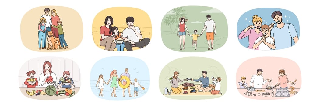 Set of happy parents with small children have fun enjoy spending time together. Collection of loving smiling family with kids daily life. Vacation and holidays. Relative unity. Vector illustration.