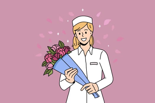 Thank you doctor and Nurses concept. Smiling woman doctor or nurse standing with bouquet of flowers fighting coronavirus vector illustration