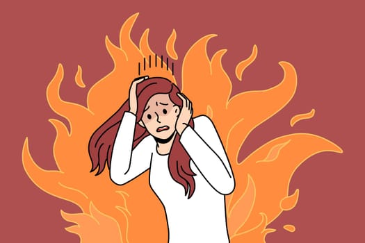 Panic stress and mental problems concept. Stressed young woman standing touching head having mental problems feeling scared afraid of fire vector illustration