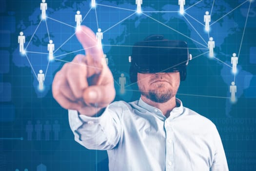 Metaverse digital cyber world technology. Businessman with VR glasses using AR augmented reality NFT, futuristic lifestyle concept