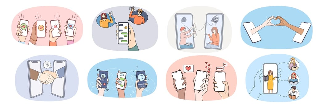 Collection of people hands use new technologies communicate on internet on smartphone gadget. Set of humans hold cellphones enjoy online communication on device. Virtual life. Vector illustration.