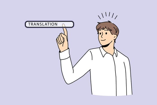 Translation online technologies button concept. Young man worker choosing translation in search bar on virtual screen language transcription internet networking vector illustration