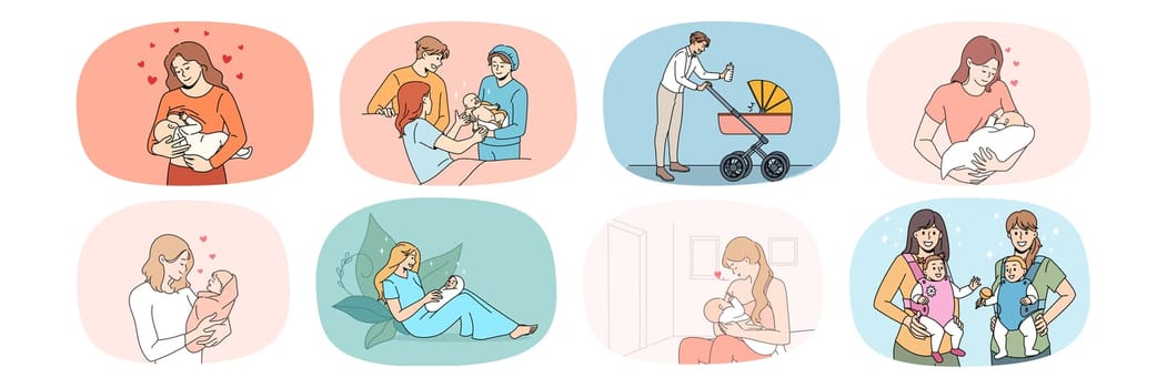 Collection of smiling loving young moms and dads take care of newborn babies. Set of happy parents enjoy parenthood hug baby infant. Family growing. Childhood and upbringing. Vector illustration.
