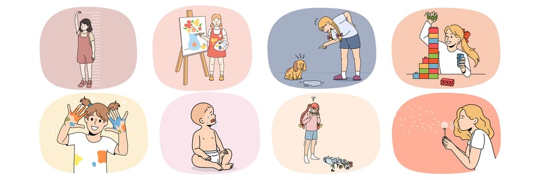 Collection of girls children enjoy free leisure time drawing or playing with dog. Set of happy kid have fun painting or construct with building blocks. Hobby and game activity. Vector illustration.