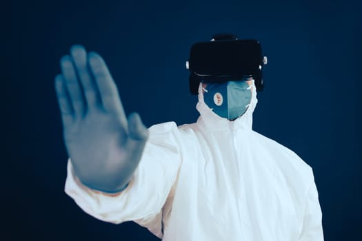 VR medicine. Doctor using virtual reality headset for medical purposes.