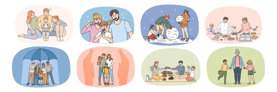 Set of happy young family with children everyday routine activity. Smiling parents with kids daily habits, brush teeth, cooking and playing together. Relative bonding and unity. Vector illustration.