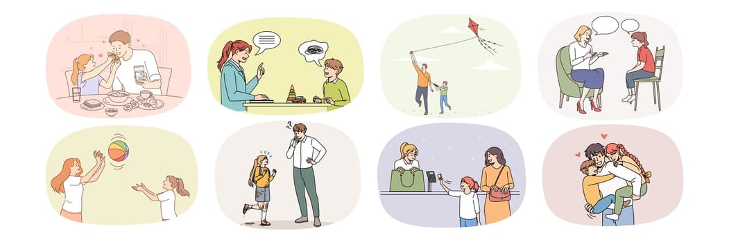 Collection of happy loving parent relax enjoy time with small child. Set of caring mother or father play rest with little teen children. Good parenthood and family relation. Vector illustration.
