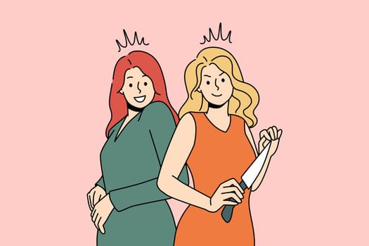 Planning murder and revenge concept. Smiling women standing holding kitchen knife trying sharpness of kitchen knife in her hands vector illustration