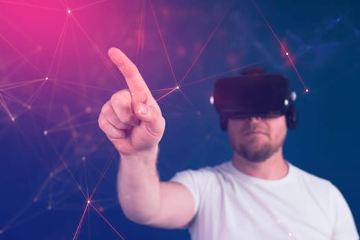Metaverse digital cyber world technology. Man with VR glasses using AR augmented reality entertainment. NFT, game, futuristic lifestyle.