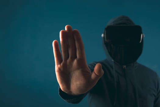 Metaverse digital cyber world technology. Man with VR glasses  playing AR augmented reality game and entertainment.NFT game futuristic lifestyle