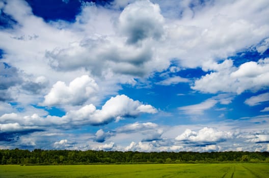 Idyllic landscape with blue sky and green fields