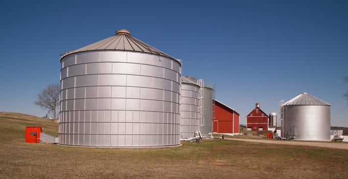 Storage silos sit in waiting to be filled on the farm