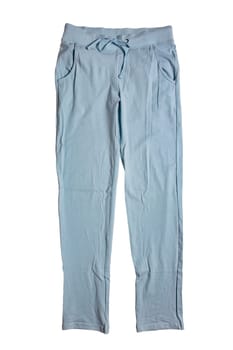 Sweat pants isolated. Close-up of womans fashionable blue casual trousers or jersey trousers isolated on a white background. Jogging outfit for workout. Clipping path.