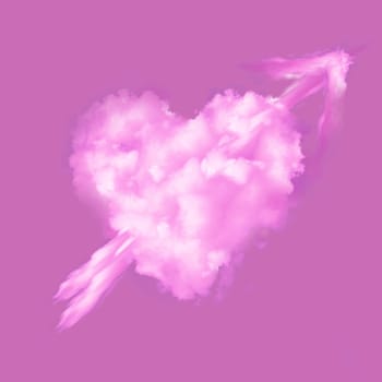 Love heart real pink cloud graphic with arrow on a plain pink background. Valentine symbol of romance and affection