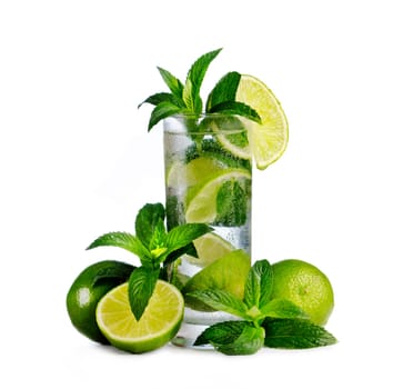 Mojito cocktail and ingredients isolated over white