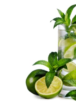 Mojito cocktail and ingredients isolated over white