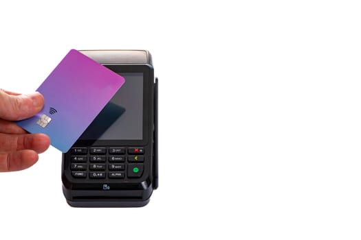 a payment terminal with a plastic card attached to it on a white isolated background close-up, copy space. High quality photo