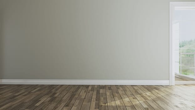 Empty room with balcony door and wooden parquet floor concept 3d rendering