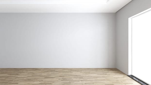 Empty room with big window and parquet floor concept 3d rendering