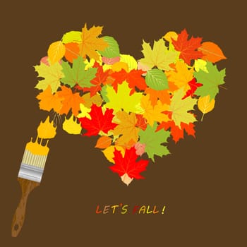 Let's fall concept with brush painting a heart of colored dry leaves