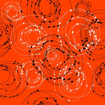 Doodle black and white concentric circles with dots seamless pattern over red background