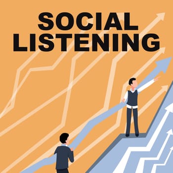 Sign displaying Social Listening. Business concept analyzing the conversations and trends of your product Arrows Guiding Two Collaborating Businessmen Towards Better Financial Plan.