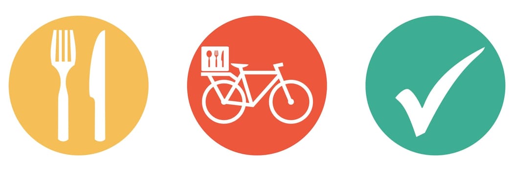 3 colorful buttons showing Food delivery service with bike