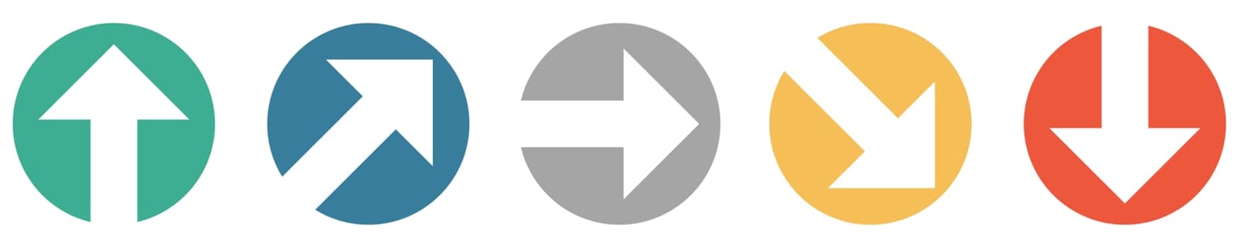 5 colorful Buttons green, blue, grey, orange and red with arrow icons