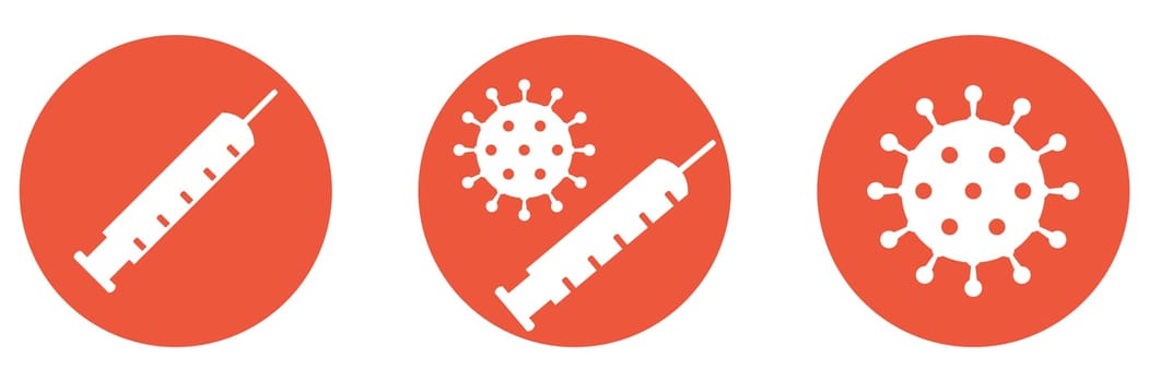 3 red buttons: Coronavirus Symbolm syringe and Covid-19 Virus
