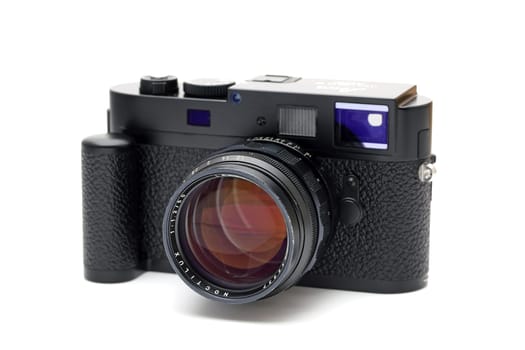 Kagawa, Japan - February 25, 2022: Leica M9-P full-frame digital rangefinder camera with Leitz 50mm f1.2 Noctilux M-mount lens. Vintage collectible classic lens concept.