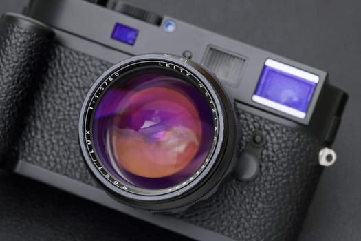 Kagawa, Japan - February 25, 2022: Leica M9-P full-frame digital rangefinder camera with Leitz 50mm f1.2 Noctilux M-mount lens. Vintage collectible classic lens concept.