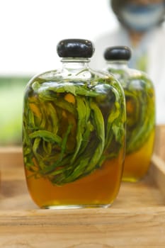 Dried cannabis pickled with honey in bottle .