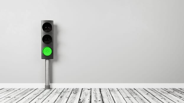 Green Traffic Light on Wooden Floor Against a Room Gray Wall with Copy Space 3D Render Illustration