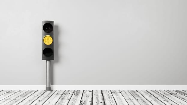 Yellow Traffic Light on Wooden Floor Against a Room Gray Wall with Copy Space 3D Render Illustration