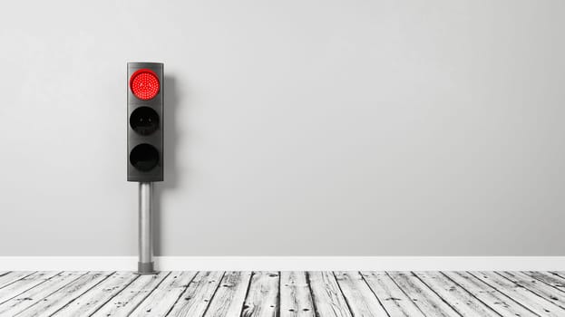 Red Traffic Light on Wooden Floor Against a Room Gray Wall with Copy Space 3D Render Illustration