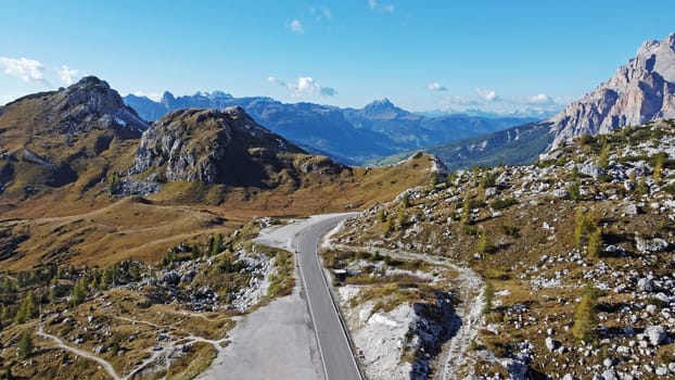 Aerial view with drone of road from Valparola Pass in South Tyrol, Italy