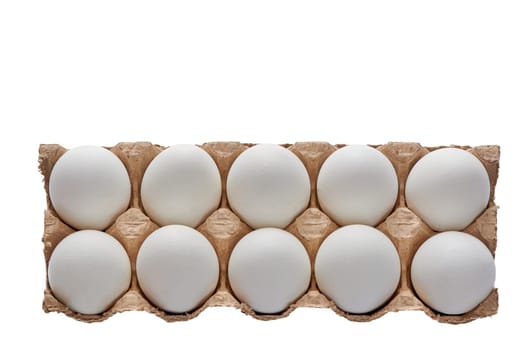 A dozen white eggs on a cardboard stand on a white isolated background. High quality photo