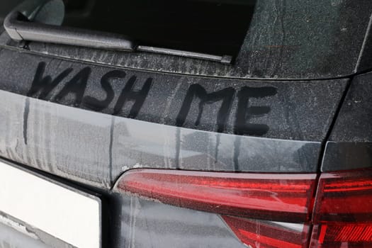 A dirty black car says wash me
