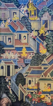 BANGKOK ,THAILAND - NOVEMBER 5, 2014 : Ancient Buddhist temple mural painting of the life of Buddha inside of Wat Pho in Bangkok, Thailand