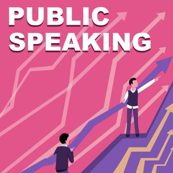 Writing displaying text Public Speaking, Business showcase art of effective oral communication with an audience Arrows Guiding Two Collaborating Businessmen Towards Better Financial Plan.